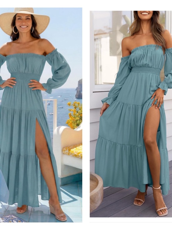 Zesica Dresses & Skirts - Smocked Off-Shoulder Maxi Dress in Dusty Teal with Side Slit